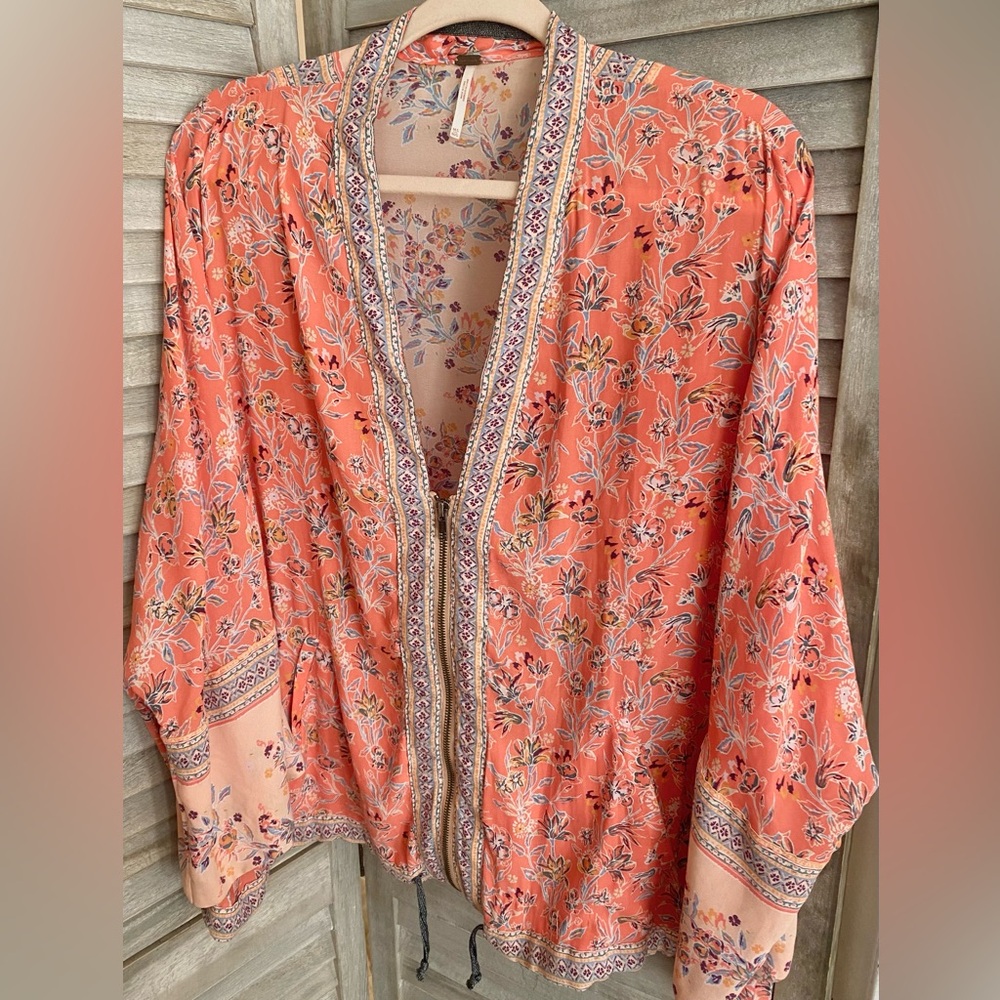 FREE PEOPLE Coral and Soft pink multi color floral print lightweight bomber